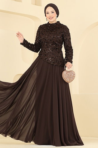 moda selvim Evening Dress 247DMNK1166 Bitter Brown - Thumbnail