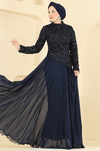 moda selvim Evening Dress 247DMNK1166 Navy Blue - Thumbnail