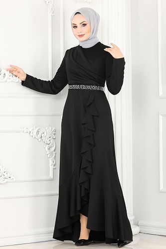 moda selvim Evening Dress 2497ASMK1074 Black - Thumbnail