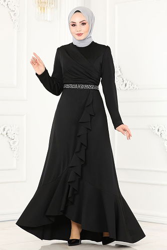 moda selvim فستان سهرة أسود 2497ASMK1074 - Thumbnail