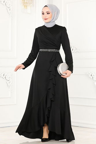 moda selvim فستان سهرة أسود 2497ASMK1074 - Thumbnail