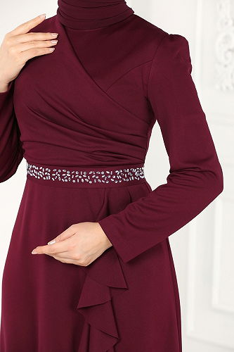 moda selvim Evening Dress 2497ASMK1074 Burgundy - Thumbnail