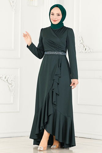 moda selvim فستان سهرة زيتي 2497ASMK1074 - Thumbnail