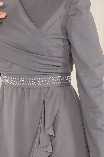 moda selvim فستان سهرة رمادي 2497ASMK1074 - Thumbnail