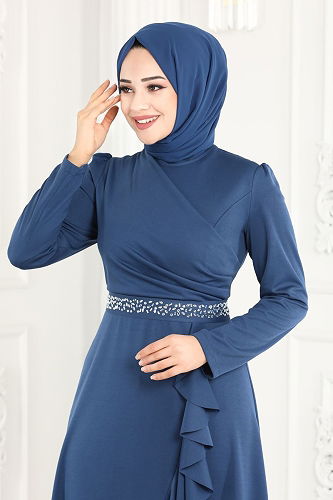 moda selvim Evening Dress 2497ASMK1074 Indigo - Thumbnail