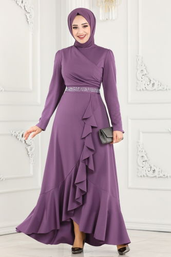 moda selvim فستان سهرة ليلكي 2497ASMK1074 - Thumbnail