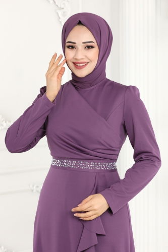 moda selvim فستان سهرة ليلكي 2497ASMK1074 - Thumbnail