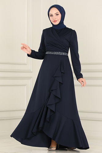 moda selvim Evening Dress 2497ASMK1074 Navy Blue - Thumbnail