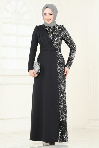 moda selvim Evening Dress 2516ASMK1074 Black & Silver - Thumbnail