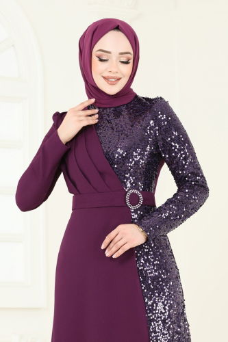 moda selvim فستان سهرة أرجواني 2516ASMK1074 - Thumbnail