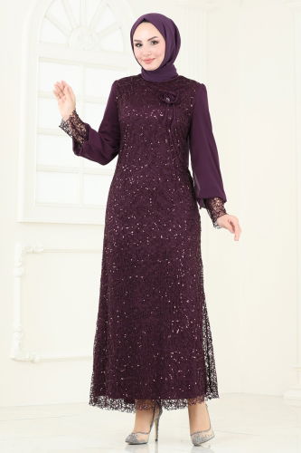 moda selvim Evening Dress 2517DNR1058 Damson - Thumbnail