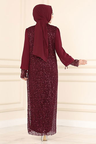 moda selvim فستان سهرة خمري 2517ELC1143 - Thumbnail