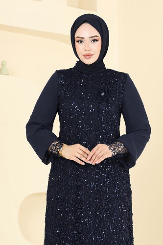 moda selvim فستان سهرة كحلي غامق 2517ELC1143 - Thumbnail