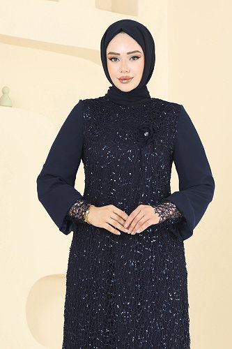 moda selvim فستان سهرة كحلي غامق 2517ELC1143 - Thumbnail