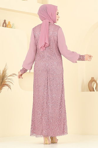 moda selvim فستان سهرة وردي فاتح 2517ELC1143 - Thumbnail