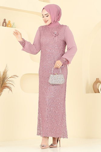 moda selvim فستان سهرة وردي فاتح 2517ELC1143 - Thumbnail