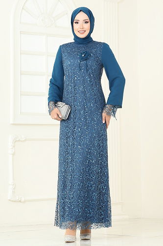 moda selvim فستان سهرة بترولي 2517ELC1143 - Thumbnail