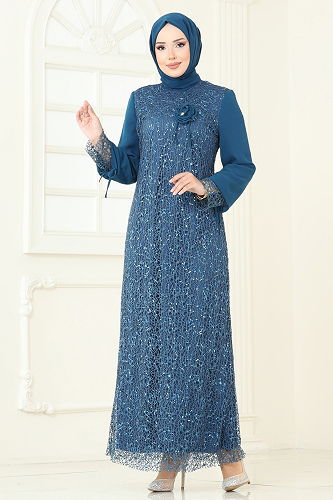 moda selvim فستان سهرة بترولي 2517ELC1143 - Thumbnail