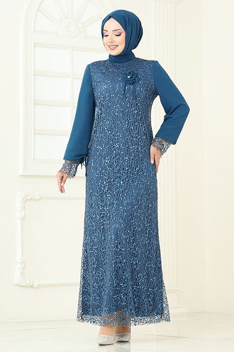 moda selvim فستان سهرة بترولي 2517ELC1143 - Thumbnail