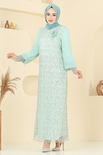 moda selvim فستان سهرة اخضر فاتح 2517ELC1143 - Thumbnail