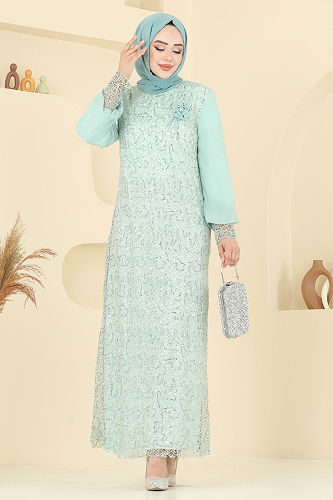 moda selvim فستان سهرة اخضر فاتح 2517ELC1143 - Thumbnail