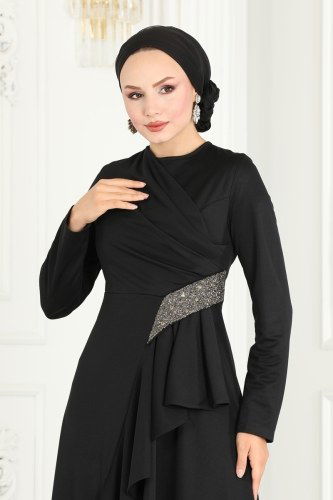 moda selvim فستان سهرة أسود 2519SL432 - Thumbnail
