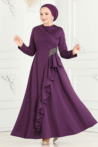moda selvim Evening Dress 2519SL432 Dark Lilac - Thumbnail