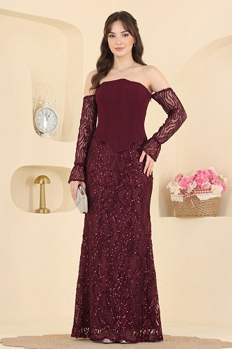 moda selvim فستان سهرة خمري 251DMNK1166 - Thumbnail