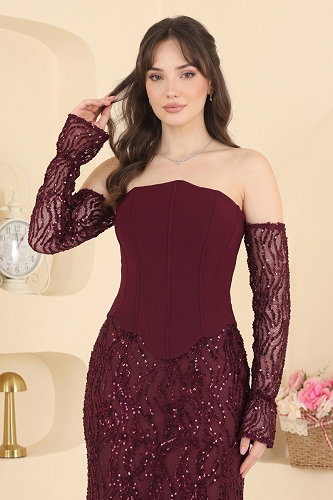 moda selvim فستان سهرة خمري 251DMNK1166 - Thumbnail