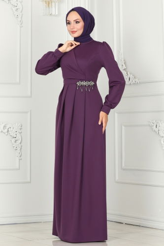 moda selvim EVENING DRESS 2525SL432 Dark Lilac - Thumbnail