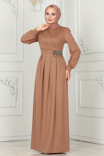 moda selvim Evening Dress 2525SL432 Latte - Thumbnail