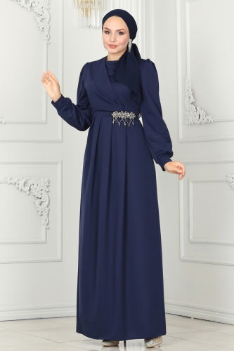 moda selvim Evening Dress 2525SL432 Navy Blue - Thumbnail