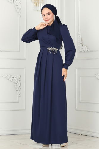 moda selvim Evening Dress 2525SL432 Navy Blue - Thumbnail