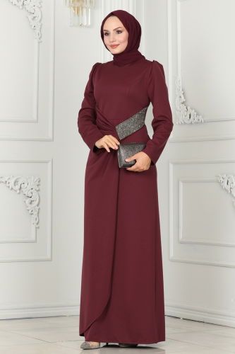 moda selvim EVENING DRESS 2526SL432 Burgundy - Thumbnail