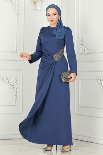 moda selvim Evening Dress 2526SL432 Indigo - Thumbnail