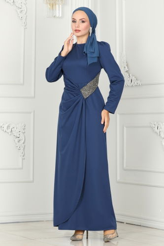 moda selvim Evening Dress 2526SL432 Indigo - Thumbnail