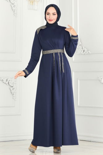 moda selvim Evening Dress 2529SL432 Navy Blue - Thumbnail