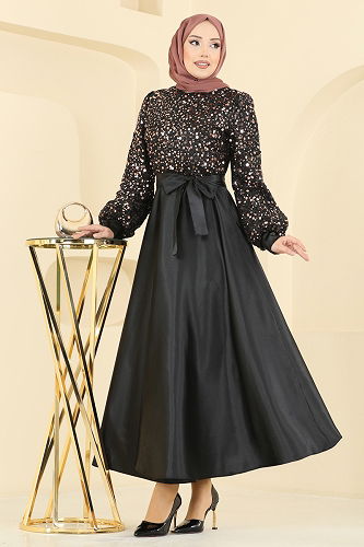 moda selvim Evening Dress 2537ASMK1074 Black & Copper - Thumbnail