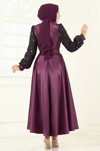 moda selvim Evening Dress 2537ASMK1074 Black & Damson - Thumbnail