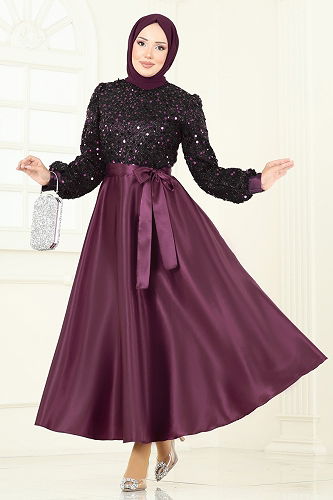 moda selvim فستان سهرة أسود وتوتي 2537ASMK1074 - Thumbnail