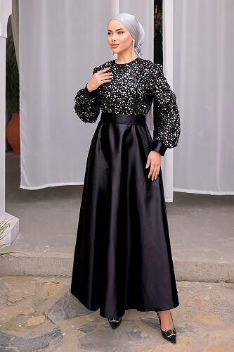 moda selvim Evening Dress 2537ASMK1074 Black & Silver - Thumbnail