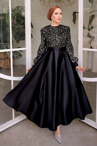 moda selvim Evening Dress 2537ASMK1074 Black&Gold - Thumbnail