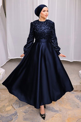 moda selvim Evening Dress 2537ASMK1074 Navy Blue - Thumbnail