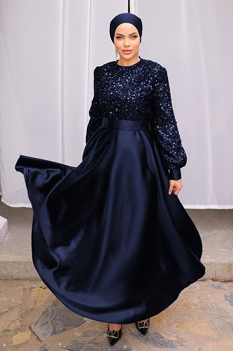 moda selvim Evening Dress 2537ASMK1074 Navy Blue - Thumbnail