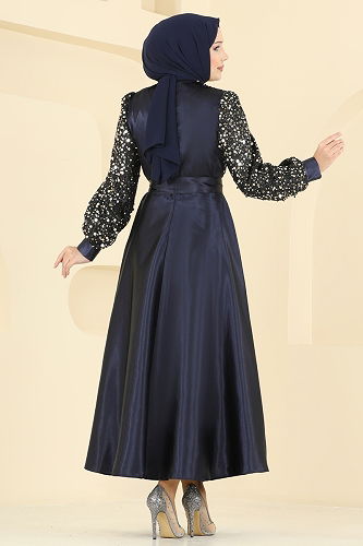 moda selvim Evening Dress 2537ASMK1074 Navy Blue&Gold - Thumbnail
