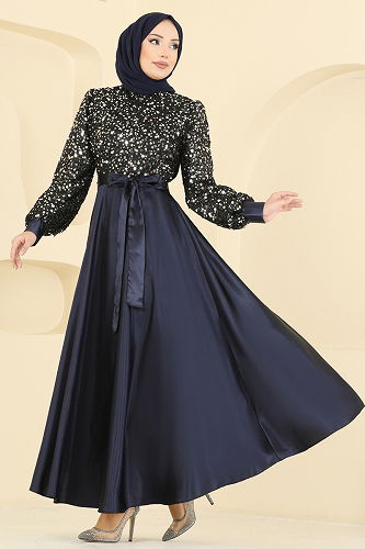 moda selvim فستان سهرة كحلي وذهبي 2537ASMK1074 - Thumbnail