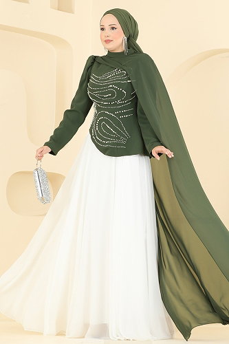 moda selvim فستان سهرة اخضر عفني 257DMNK1166 - Thumbnail