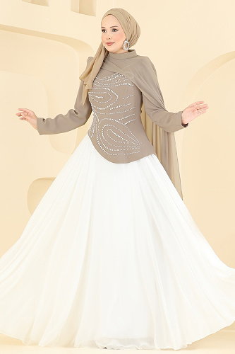 moda selvim فستان سهرة بيج 257DMNK1166 - Thumbnail