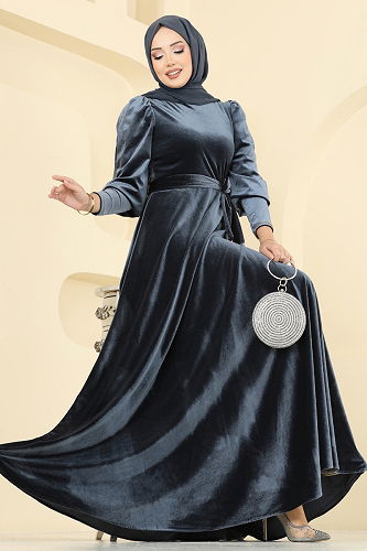 moda selvim فستان سهرة رمادي غامق 2586MEY846 - Thumbnail