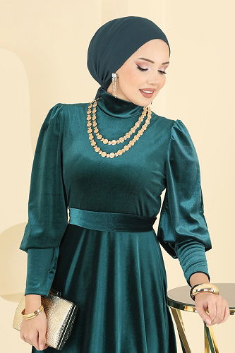 moda selvim فستان سهرة زيتي 2586MEY846 - Thumbnail